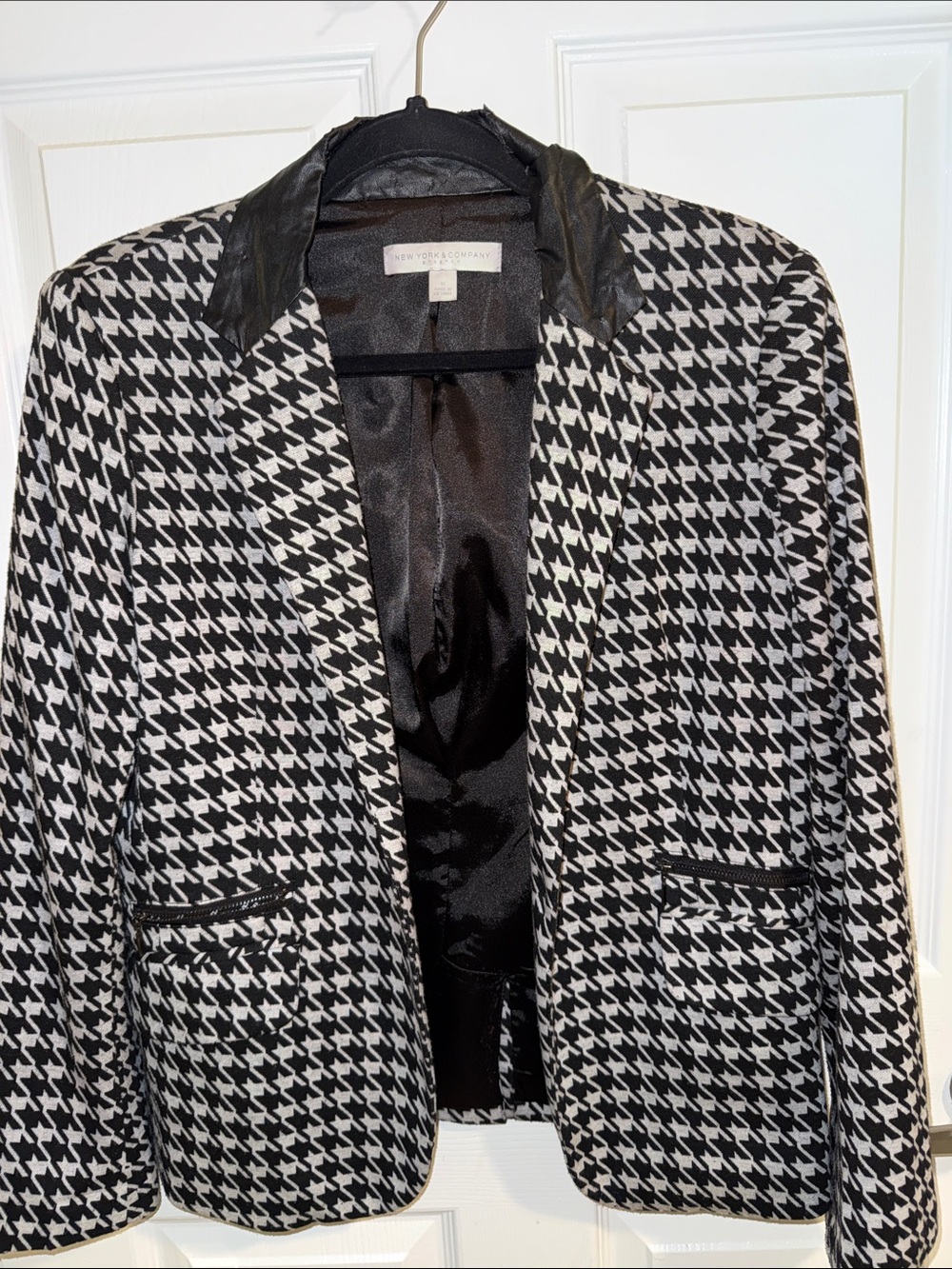 The Limited Black & White Houndstooth Blazer with Faux Leather Collar
